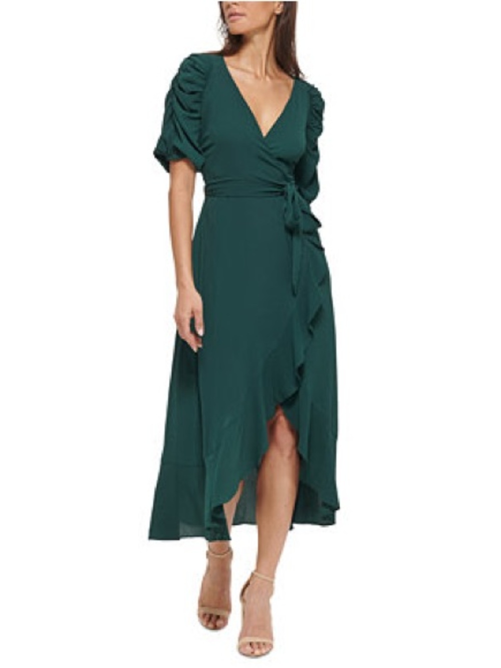 Kensie Emerald Green Wrap Midi Dress Ruffle Hem Puff Sleeve Sz 10